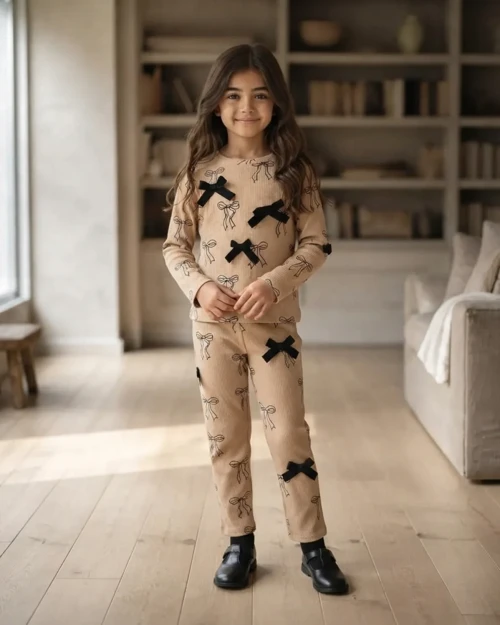 Kurdele Detaylı Jakarlı Örme Kız Çocuk Latte Rengi Taytlı Takım