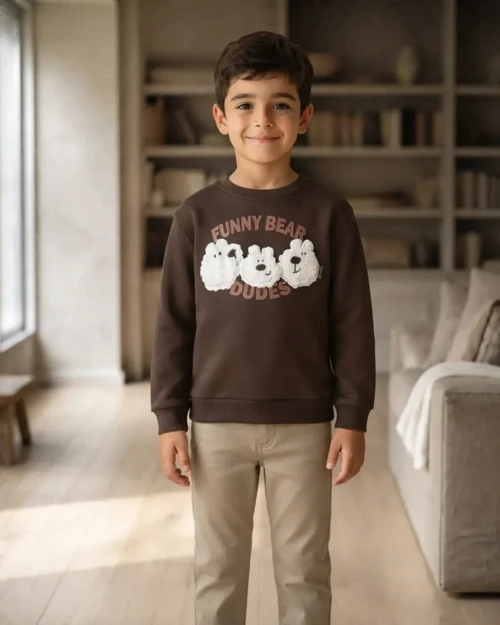 Erkek Çocuk Kahverengi Funny Bear Baskılı Sweatshirt