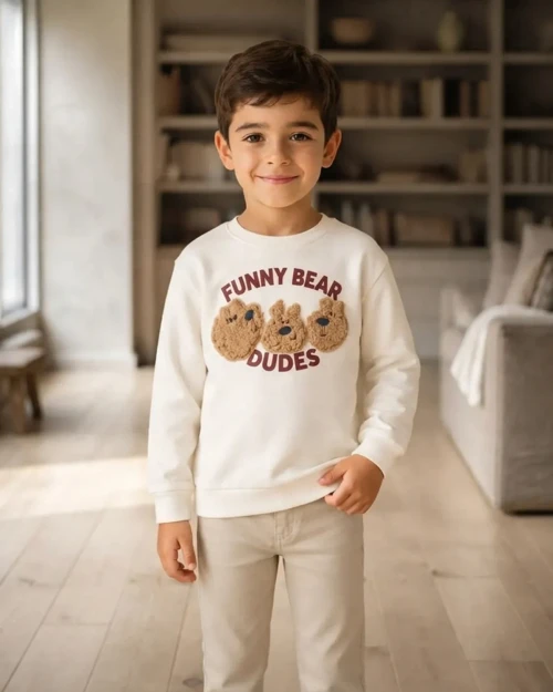 Ekru Funny Bear Baskılı Erkek Çocuk Sweatshirt Rahat Kesim