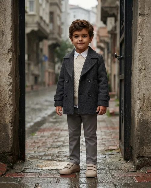 Erkek Çocuk Kışlık Kaşe Kaban Modeli Gri Renk Ceket Tasarımlı