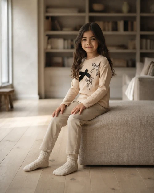 Kurdele Detaylı Ekru Jakarlı Örme Kız Çocuk Taytlı Takım