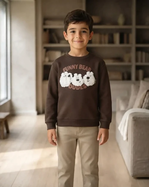 Erkek Çocuk Kahverengi Funny Bear Baskılı Sweatshirt