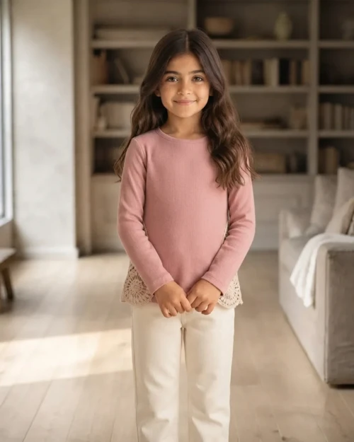 Kız Çocuk Siyah Dantel Detaylı Jakarlı Örme Kumaş Sweatshirt