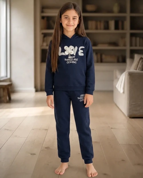 Kız Çocuk Lacivert Kapüşonlu Sweatshirt ve Eşofman Altı Takım ·
