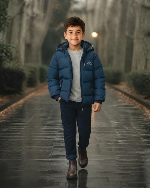 Erkek Çocuk Mavi Kışlık Kapüşonlu Mont Kaban