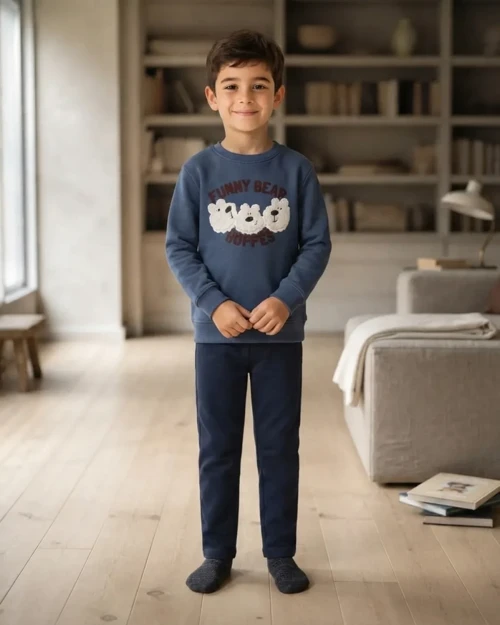 Erkek Çocuk Kahverengi Ayıcık Desenli Sweatshirt Rahat Kalıp