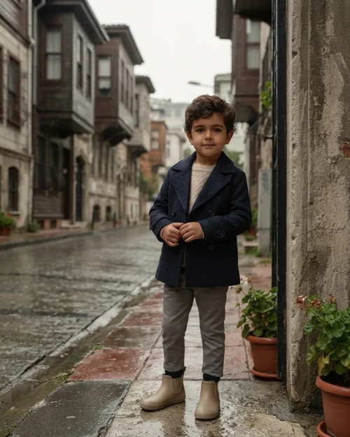 Lacivert Kaşe Kaban Ceketli Erkek Çocuk Kışlık Takım