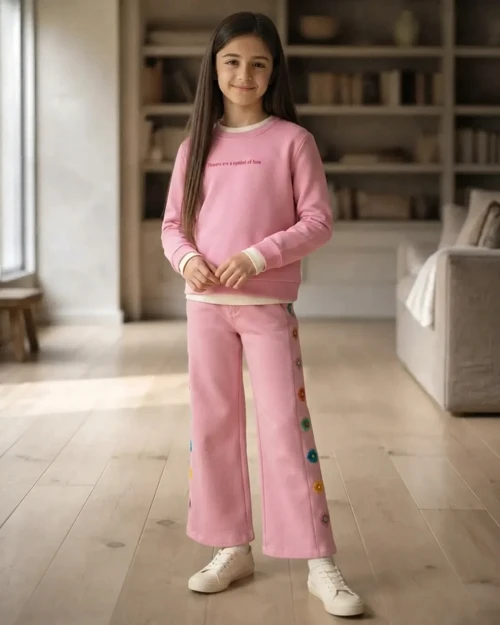 Pembe Çiçek Nakışlı Kız Çocuk İkili Eşofman Takımı Rahat Kalıp