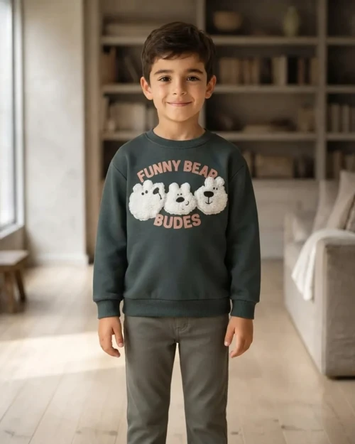 Erkek Çocuk Antrasit Funny Bear Baskılı Rahat Sweatshirt