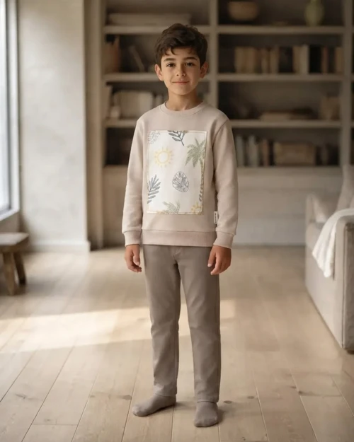 Palmiye Desenli Erkek Çocuk Sütlü Kahve Sweatshirt Rahat Kalıp