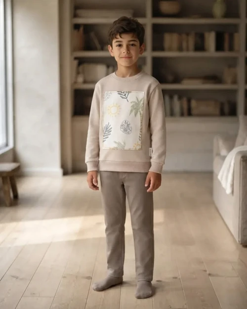 Palmiye Desenli Erkek Çocuk Sütlü Kahve Sweatshirt Rahat Kalıp