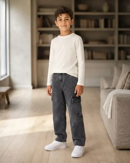 Erkek Çocuk Bej Gabardin Kargo Cepli Pantolon Rahat Kalıp