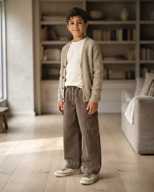 Erkek Çocuk Gabardin Kargo Cepli Rahat Kesim Pantolon Haki Renk
