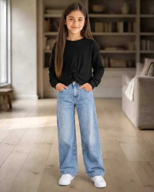 Kız Çocuk Rahat Kesim Açık Mavi Denim Pantolon – Siyah