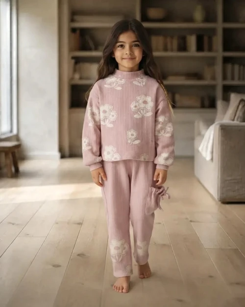Çiçek Desenli Jakarlı Örme Kız Çocuk Takım Pembe – Pudra