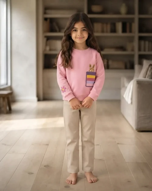 Pembe Nakış Detaylı Kız Çocuk Sweatshirt Rahat Kalıp
