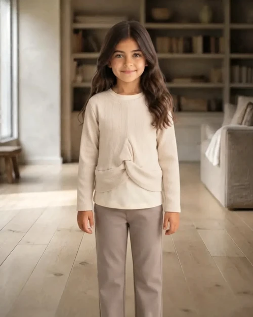 Latte Rengi Jakarlı Örme Kumaş Kız Çocuk Sweatshirt