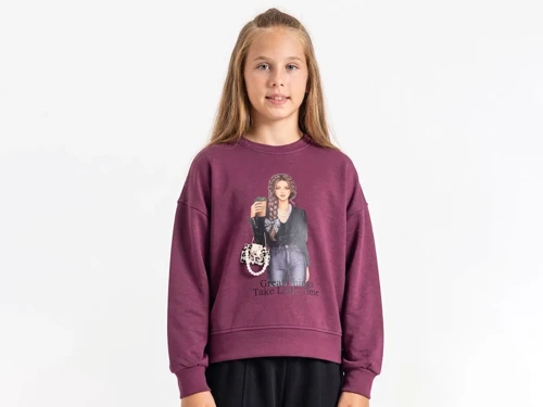 Kız Baskılı Taş Detaylı Kız Sweat – Kahverengi