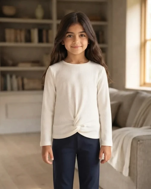 Ekru Renk Kız Çocuk Jakarlı Örme Sweatshirt Rahat Kalıp