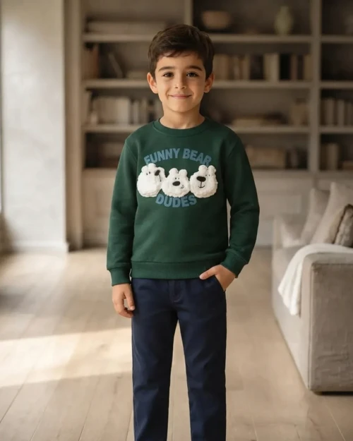 Erkek Çocuk Lacivert Ayı Figürlü Sweatshirt Rahat Kesim Üst
