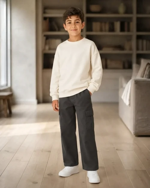 Erkek Çocuk Gabardin Kumaş Kargo Cepli Geniş Kesim Pantolon
