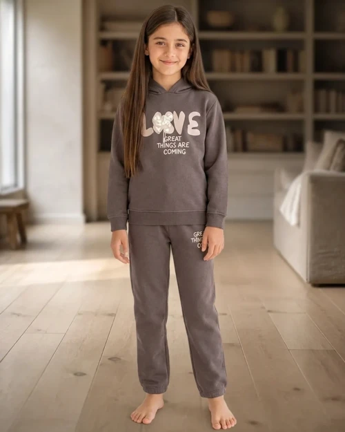Kız Çocuk Gri Kapüşonlu Sweatshirt ve Eşofman Altı Set · 2 Parça