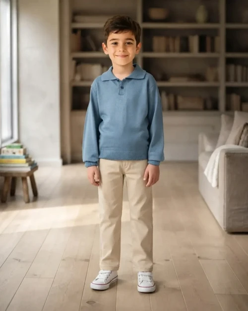 Erkek Çocuk Mavi Polo Yaka Uzun Kollu Triko Kazak ve Bej