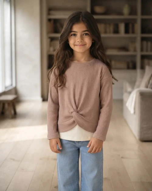 Jakarlı Örme Kumaş Kız Çocuk Pembe Sweatshirt Rahat Kesim – Pembe