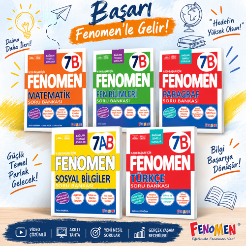 FENOMEN 7. SINIF MATEMATİK FEN BİL. TÜRKÇE SOSYAL BİL. VE PARAGRAF (B) SERİSİ SORU BANKALARI - 2027