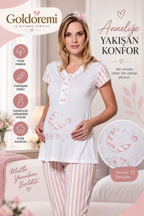 24-284 Kadın Lohusa Kısa Kollu Çizgili Hamile Pijama Takım
