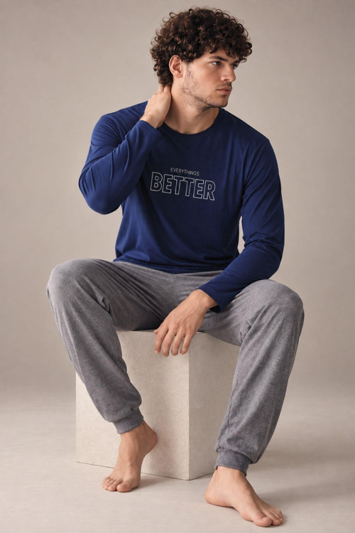 Erkek Everythings Better Orta Kalın Regular Manşetli Uzun Kollu Pijama Takım