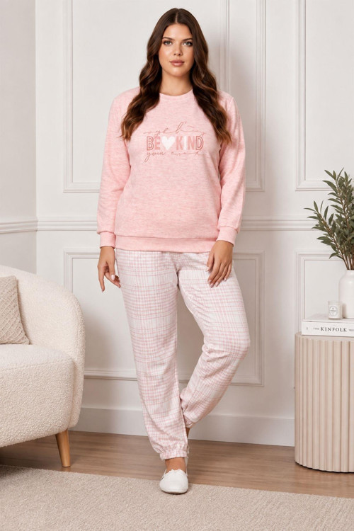 Kadın Premium Büyük Beden Pembe Kışlık Uzun Kollu Pijama Takım