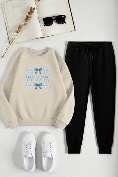 Unisex Kurdele Tasarım Baskılı Bisiklet Yaka Sweatshirt 2'Li Eşofman Takımı