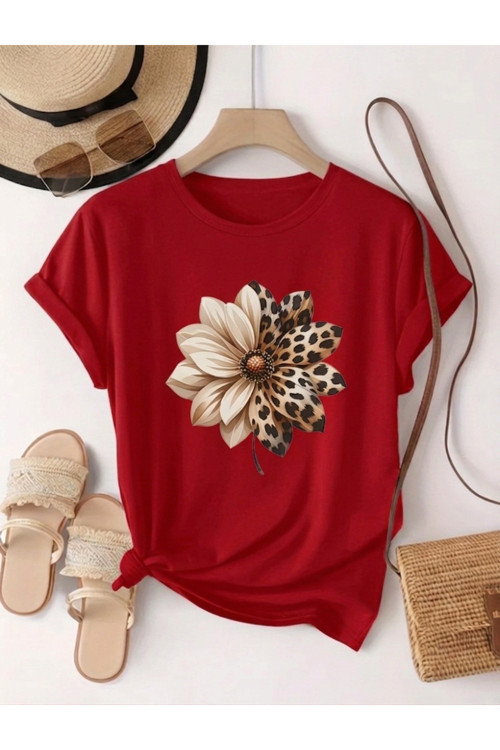 Unisex Leopar Desenli Papatya Baskılı Tasarım Tshirt