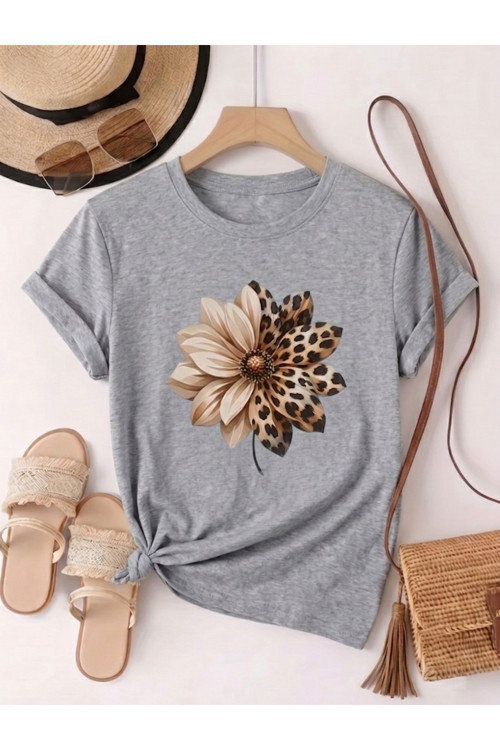 Unisex Leopar Desenli Papatya Baskılı Tasarım Tshirt