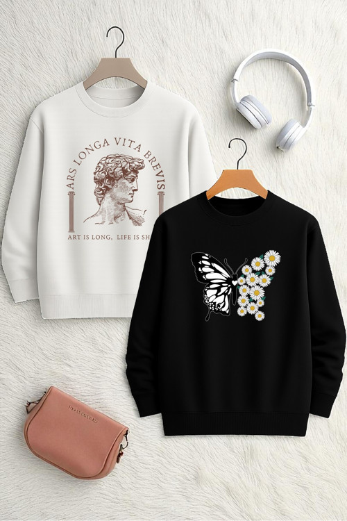 Unisex 2'Li Baskılı Bisiklet Yaka Sweatshirt