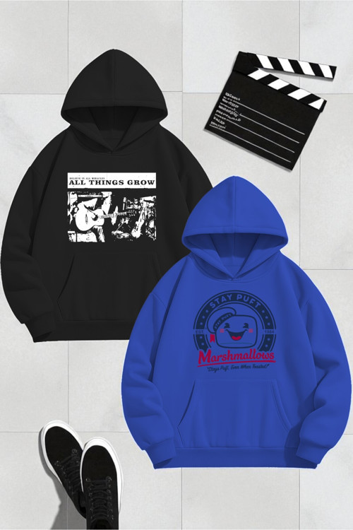 Unisex Tasarım Baskılı Kapüşonlu Sweatshirt 2'Li Fırsat Paketi