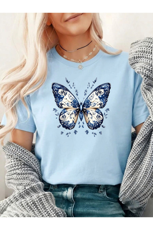 Unisex Desenli Kelebek Baskılı Tasarım Tshirt