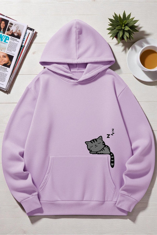 Unisex Uyuyan Kedi Baskılı Kapüşonlu Sweatshirt