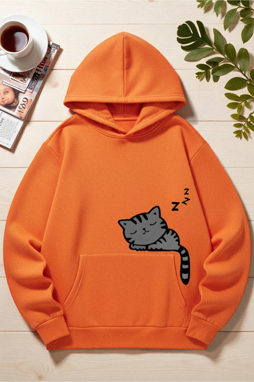 Unisex Uyuyan Kedi Baskılı Kapüşonlu Sweatshirt