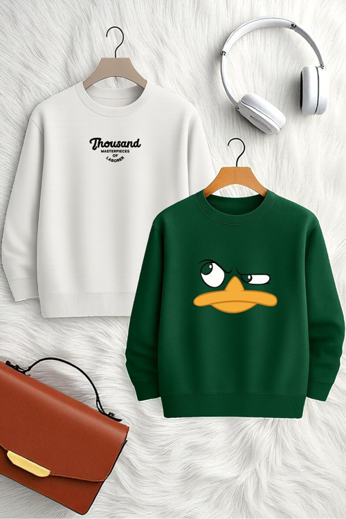 Unisex 2'Li Baskılı Bisiklet Yaka Sweatshirt
