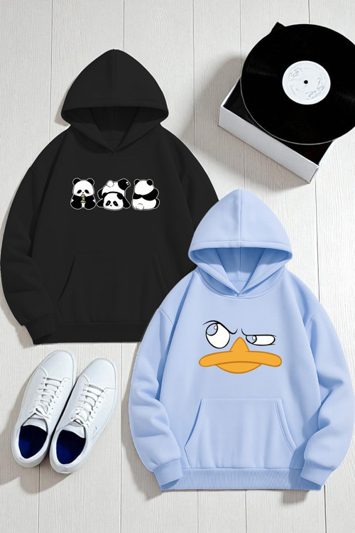 Unisex Tasarım Baskılı Kapüşonlu Sweatshirt 2'Li Fırsat Paketi