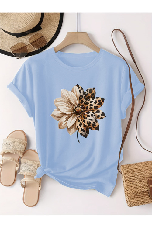 Unisex Leopar Desenli Papatya Baskılı Tasarım Tshirt