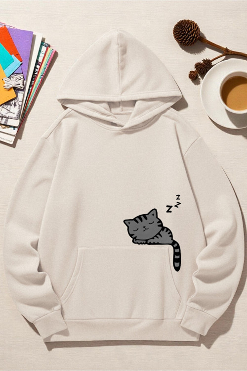 Unisex Uyuyan Kedi Baskılı Kapüşonlu Sweatshirt