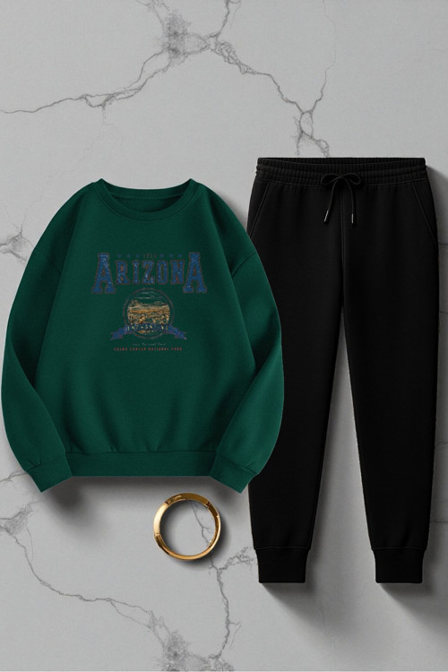 Unisex Arizona Tasarım Basklı Bisiklet Yaka Sweatshirt - 2'Li Eşofman Takımı
