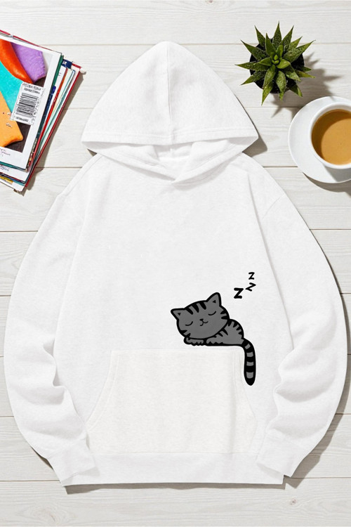 Unisex Uyuyan Kedi Baskılı Kapüşonlu Sweatshirt