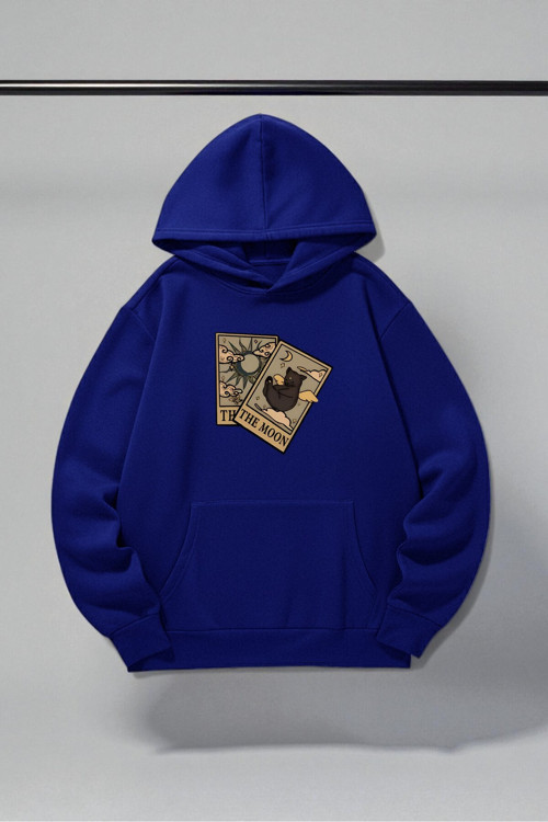 Unisex The Moon Tarot Kart Tasarım Baskılı Kapüşonlu Sweatshirt