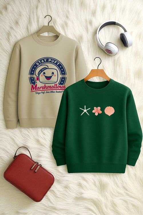 Unisex 2'Li Baskılı Bisiklet Yaka Sweatshirt