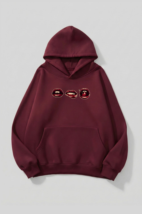 Unisex Yumuşak Dokulu 3'Lü Dudak Baskılı Tasarım Oversize 3 İplik Hoodie Sweatshirt
