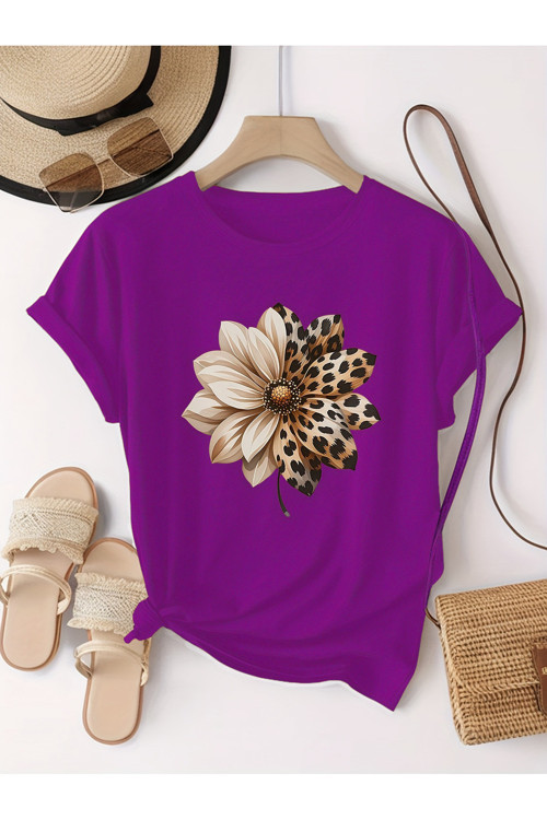 Unisex Leopar Desenli Papatya Baskılı Tasarım Tshirt